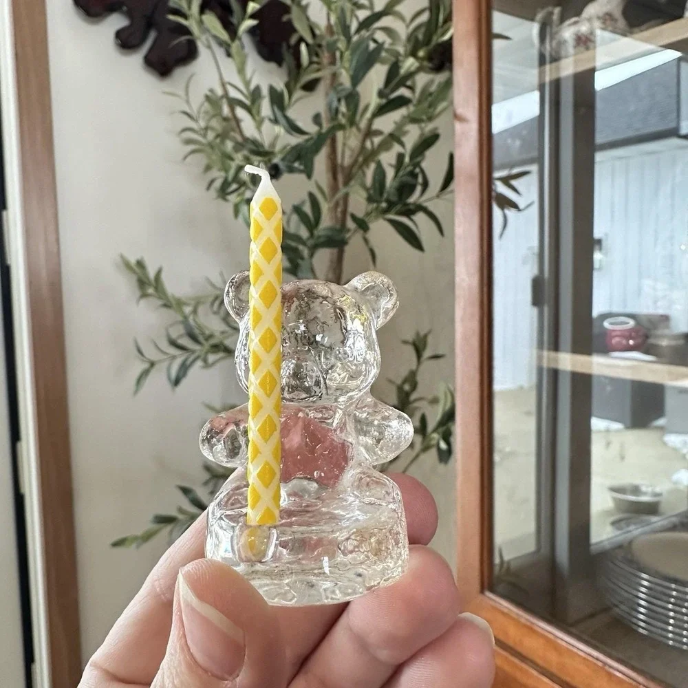 Vintage‎ Crystal Glass Teddy Bear Birthday Candle Holder Mini 2